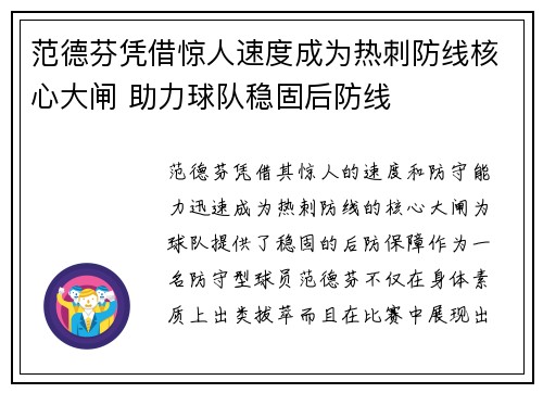 范德芬凭借惊人速度成为热刺防线核心大闸 助力球队稳固后防线